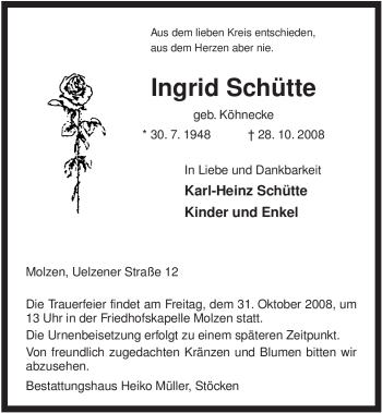 Traueranzeige von Ingrid Schütte von ALLGEMEINE ZEITUNG UELZEN