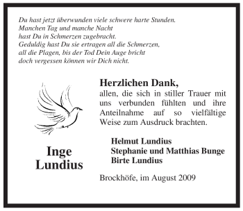 Traueranzeige von Inge Lundius von ALLGEMEINE ZEITUNG UELZEN