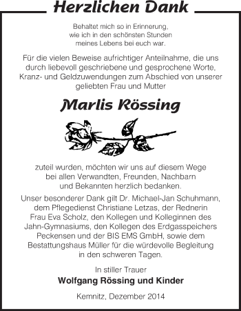 Traueranzeige von Marlis Rössing von Uelzen