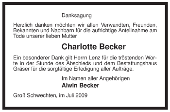 Traueranzeige von Charlotte Becker von ALLGEMEINE ZEITUNG UELZEN