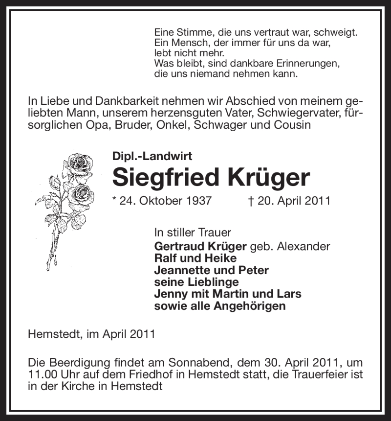  Traueranzeige für Siegfried Krüger vom 26.04.2011 aus ALLGEMEINE ZEITUNG UELZEN