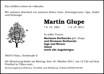 Traueranzeige von Martin Glupe von ALLGEMEINE ZEITUNG UELZEN