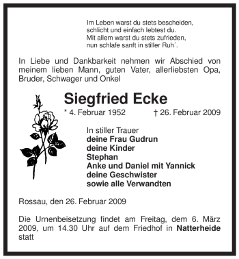 Traueranzeige von Siegfried Ecke von ALLGEMEINE ZEITUNG UELZEN