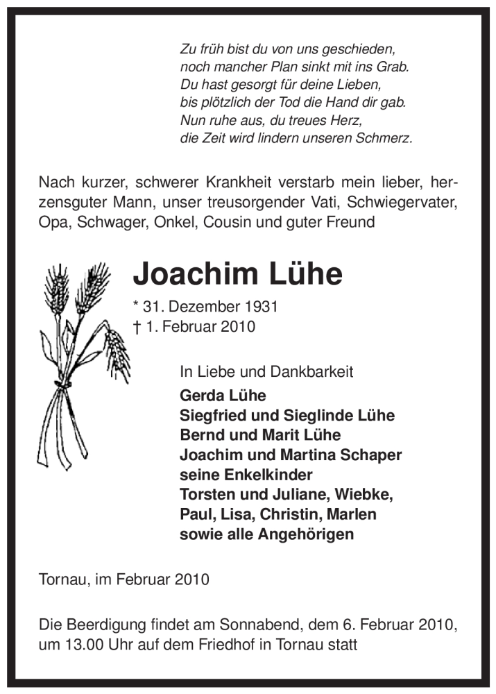  Traueranzeige für Joachim Lühe vom 03.02.2010 aus ALLGEMEINE ZEITUNG UELZEN