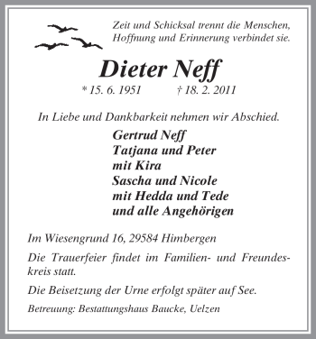Traueranzeige von Dieter Neff von ALLGEMEINE ZEITUNG UELZEN