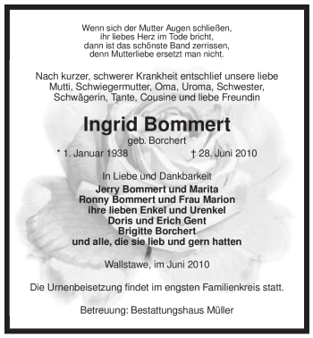 Traueranzeige von Ingrid Bommert von ALLGEMEINE ZEITUNG UELZEN
