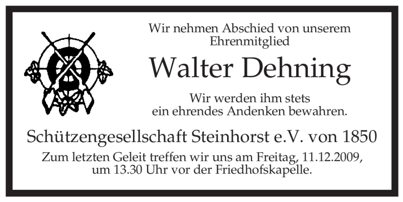  Traueranzeige für Walter Dehning vom 10.12.2009 aus ALLGEMEINE ZEITUNG UELZEN