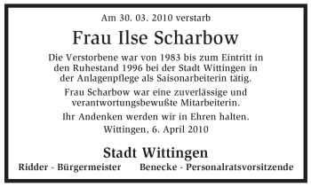 Traueranzeige von Ilse Scharbow von ALLGEMEINE ZEITUNG UELZEN