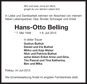 Traueranzeige von Hans-Otto Belling von Uelzen