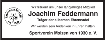 Traueranzeige von Joachim Feddermann von ALLGEMEINE ZEITUNG UELZEN