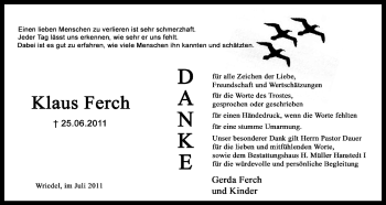 Traueranzeige von Klaus Ferch von ALLGEMEINE ZEITUNG UELZEN