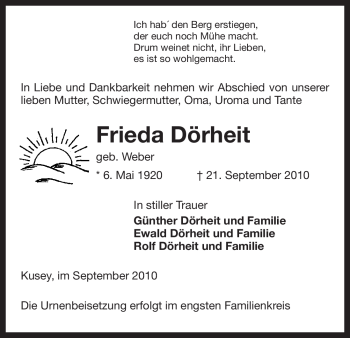Traueranzeige von Frieda Dörheit von ALLGEMEINE ZEITUNG UELZEN