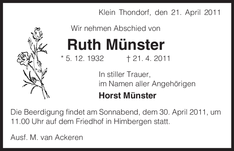  Traueranzeige für Ruth Münster vom 27.04.2011 aus ALLGEMEINE ZEITUNG UELZEN