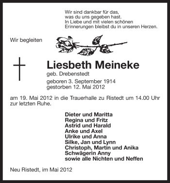 Traueranzeige von Liesbeth Meineke von ALLGEMEINE ZEITUNG UELZEN