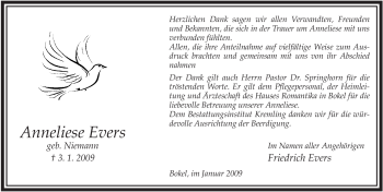 Traueranzeige von Anneliese Evers von ALLGEMEINE ZEITUNG UELZEN