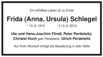 Traueranzeige von Frida Schlegel von ALLGEMEINE ZEITUNG UELZEN