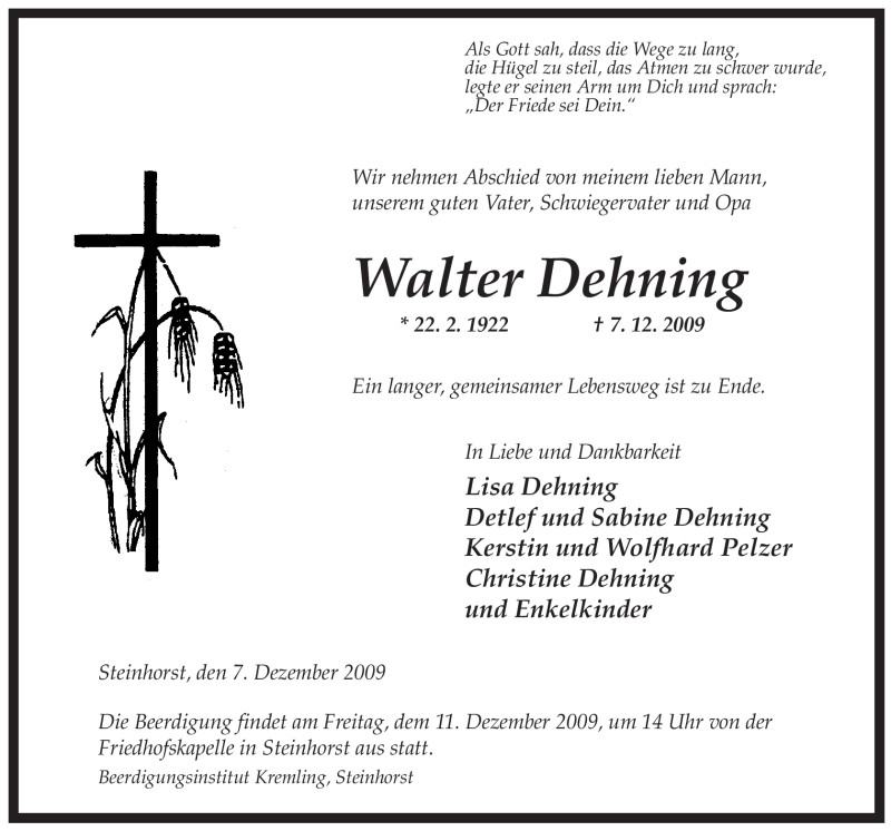  Traueranzeige für Walter Dehning vom 10.12.2009 aus ALLGEMEINE ZEITUNG UELZEN