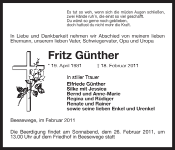 Traueranzeige von Fritz Günther von ALLGEMEINE ZEITUNG UELZEN