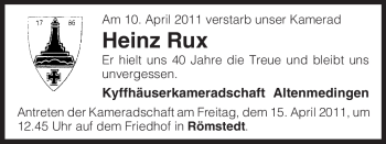 Traueranzeige von Heinz Rux von ALLGEMEINE ZEITUNG UELZEN