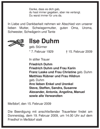 Traueranzeige von Ilse Duhm von ALLGEMEINE ZEITUNG UELZEN