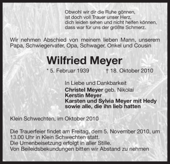 Traueranzeige von Wilfried Meyer von ALLGEMEINE ZEITUNG UELZEN