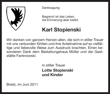 Traueranzeige von Karl Stopienski von ALLGEMEINE ZEITUNG UELZEN