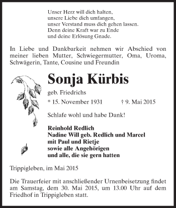 Traueranzeige von Sonja Kürbis von Uelzen