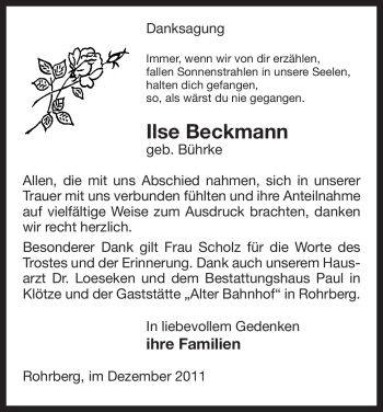 Traueranzeige von Ilse Beckmann von ALLGEMEINE ZEITUNG UELZEN