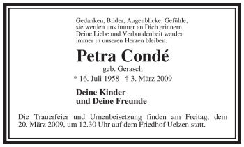 Traueranzeige von Petra Condé von ALLGEMEINE ZEITUNG UELZEN