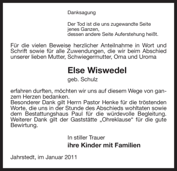 Traueranzeige von Else Wiswedel von ALLGEMEINE ZEITUNG UELZEN