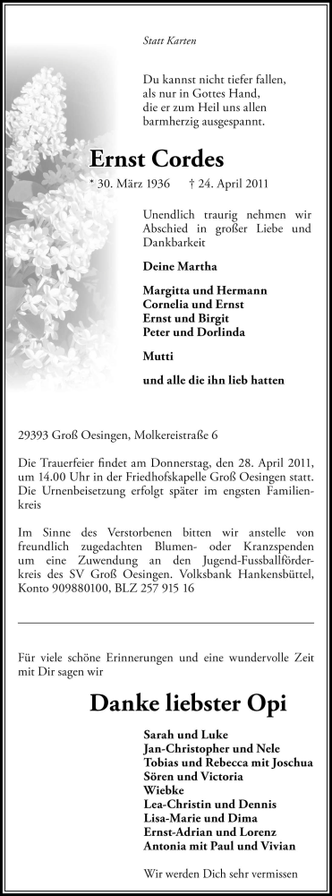  Traueranzeige für Ernst Cordes vom 27.04.2011 aus ALLGEMEINE ZEITUNG UELZEN