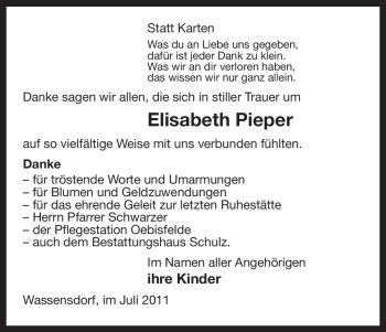 Traueranzeige von Elisabeth Pieper von ALLGEMEINE ZEITUNG UELZEN