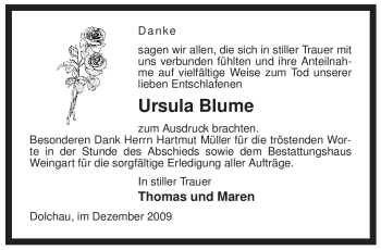 Traueranzeige von Ursula Blume von ALLGEMEINE ZEITUNG UELZEN