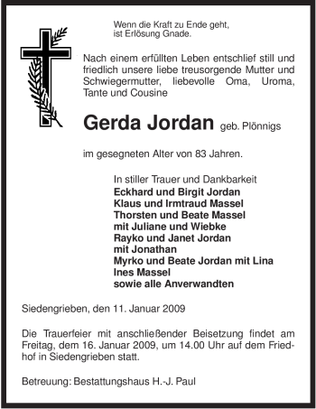 Traueranzeige von Gerda Jordan von ALLGEMEINE ZEITUNG UELZEN