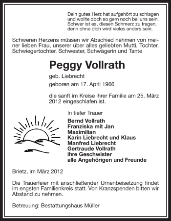 Traueranzeige von Peggy Vollrath von ALLGEMEINE ZEITUNG UELZEN