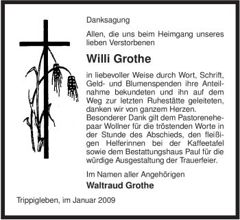 Traueranzeige von Willi Grothe von ALLGEMEINE ZEITUNG UELZEN