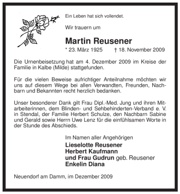 Traueranzeige von Martin Reusener von ALLGEMEINE ZEITUNG UELZEN