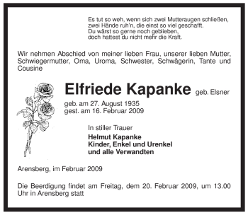 Traueranzeige von Elfriede Kapanke von ALLGEMEINE ZEITUNG UELZEN