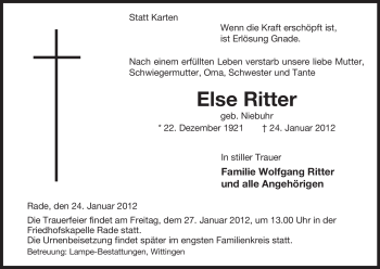 Traueranzeige von Else Ritter von ALLGEMEINE ZEITUNG UELZEN