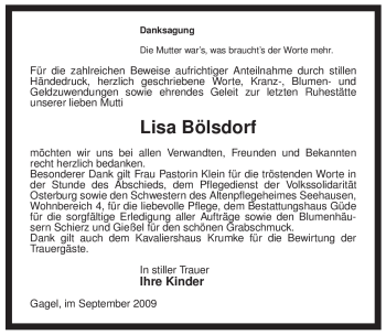 Traueranzeige von Lisa Bölsdorf von ALLGEMEINE ZEITUNG UELZEN