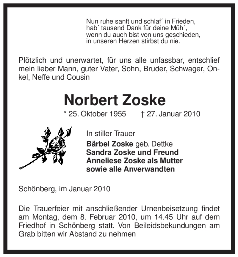  Traueranzeige für Norbert Zoske vom 03.02.2010 aus ALLGEMEINE ZEITUNG UELZEN