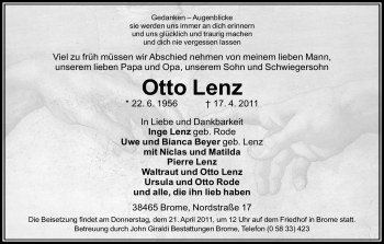 Traueranzeige von Otto Lenz von ALLGEMEINE ZEITUNG UELZEN