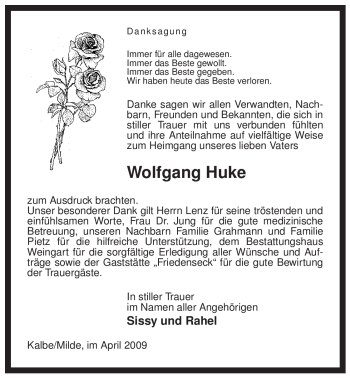 Traueranzeige von Wolfgang Huke von ALLGEMEINE ZEITUNG UELZEN