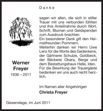 Traueranzeige von Werner Freyer von ALLGEMEINE ZEITUNG UELZEN