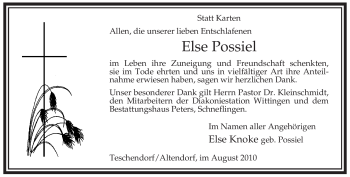 Traueranzeige von Else Possiel von ALLGEMEINE ZEITUNG UELZEN