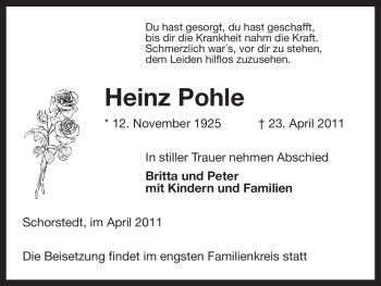 Traueranzeige von Heinz Pohle von ALLGEMEINE ZEITUNG UELZEN