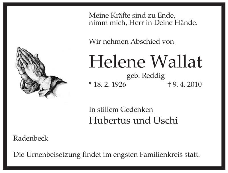  Traueranzeige für Helene Wallat vom 13.04.2010 aus ALLGEMEINE ZEITUNG UELZEN