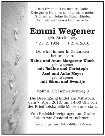 Traueranzeige von Emmi Wegener von ALLGEMEINE ZEITUNG UELZEN