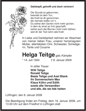 Traueranzeige von Helga Teitge von ALLGEMEINE ZEITUNG UELZEN