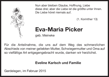 Traueranzeige von Eva-Maria Picker von Uelzen